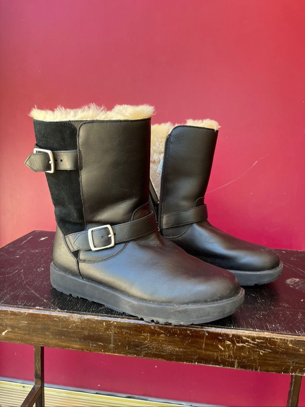 UGG Breida Moto Boots 11 Black Shearling Buckle Y2K Biker Waterproof Vibram